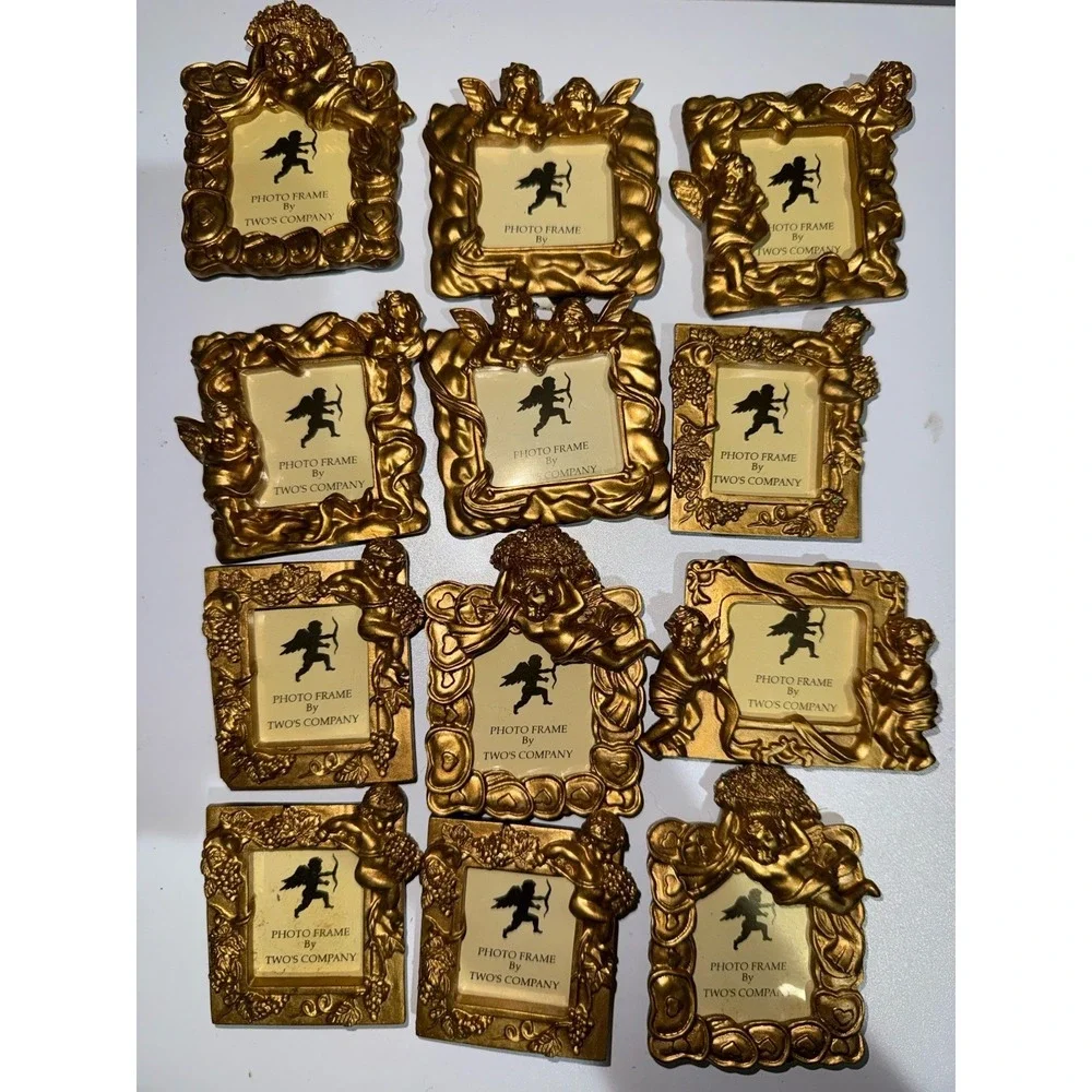 VTG Set of 12 Gold Toned Two's Company Small‎ Photo Frames Angel Cherub Ribbon N
